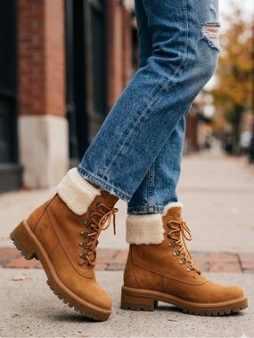 Timberland Courmayeur Women’s Genuine Leather Shearling Heeled Ankle Lace Boots